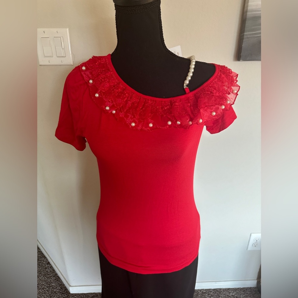 Stylish Red Top with Lace and Pearl Accents